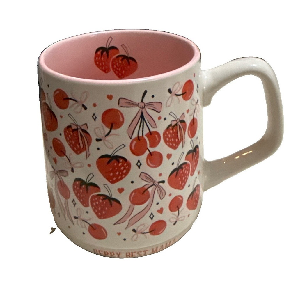 Prima Thick Large 🍓 Strawberry Cherry 🍒 Bows Mug Pink Berry Best Mama New